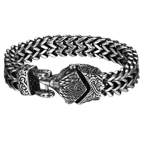 Flongo Wikinger Adler Armband Herren : Edelstahl Adler Schnabel Gothic Punk Franco Armkette Norwegian Biker Große schwere Armreif Amulett Glücksbringer Halloween Weihnachten Neujahr Männer Geschenk von Flongo