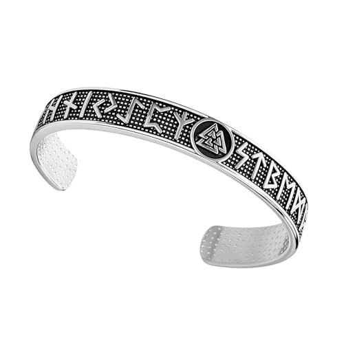 Flongo Wikinger Armreif Runen für Männer: Vintage Silber Edelstahl Manschette Armband - Nordisches Viking Schmuck - Schutzamulett - Geschenk für Vater Sohn - Nordische Symbole Armspange von Flongo