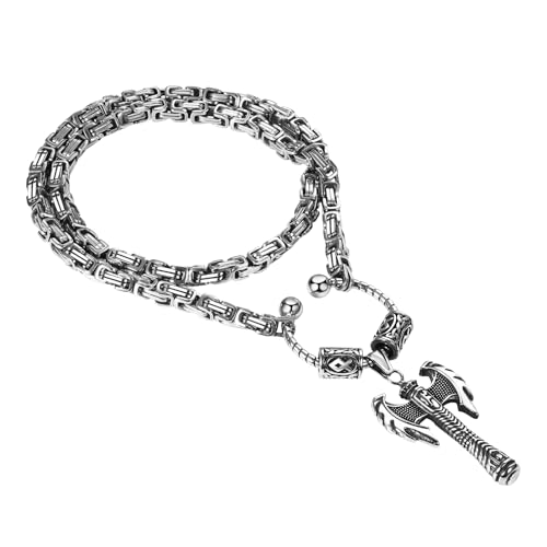 Flongo Wikinger Axt Halskette für Herren: Edelstahl Byzantinische Kette 60cm - Nordisches Runen Amulett - Vintage Silber Anhänger - Wikinger Schmuck - Geschenk für Vater Sohn - Nordische Mythologie von Flongo
