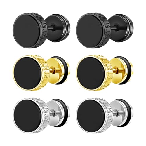 Flongo Wikinger Fake Plug Ohrstecker: 3 Paare Edelstahl Nordic Rune Kompass Ohrstecker Emaille Cubic Zirkonia Fake Ohrlöcher Tunnel Schrauben ohne Loch Runde Ohrringe Set für Herren Damen von Flongo