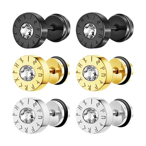 Flongo Wikinger Fake Plug Ohrstecker: 3 Paare Edelstahl Nordic Rune Kompass Ohrstecker Emaille Cubic Zirkonia Fake Ohrlöcher Tunnel Schrauben ohne Loch Runde Ohrringe Set für Herren Damen von Flongo