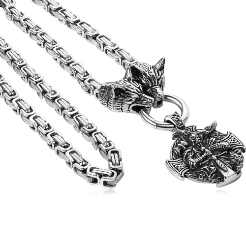 Flongo Wikinger Kette Herren Königskette: Odin Warrior Halskatte mit Schwert Axt Wolfskopf Anhänger massiv Edelstahl silber Viking wolf deko Medallion Wikingerschmuck für Männer Damen von Flongo