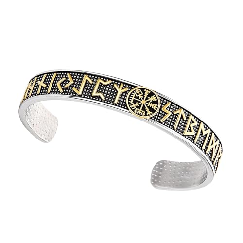 Flongo Wikinger Kompass Armband für Herren: Vintage Gold-Silber Edelstahl Runen Manschette Armreif - Nordisches Schutzamulett Geschenk für Vater Sohn - Nordische Symbole Armspange von Flongo