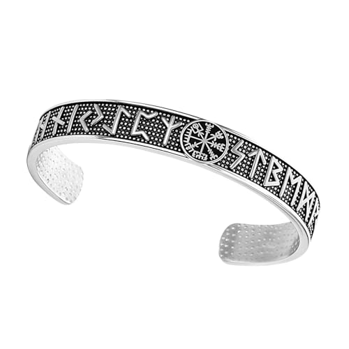 Flongo Wikinger Kompass Armreif für Männer: Vintage Silber Edelstahl Runen Manschette Armband - Nordisches Schutzamulett Geschenk für Vater Sohn - Nordische Symbole Armspange von Flongo