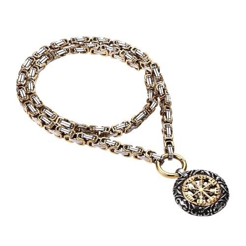 Flongo Wikinger Kompass Halskette für Herren: Silber-Gold Nordisches Runen Amulett Anhänger mit 24 Zoll Edelstahl Byzantinische Kette - Nordische Mythologie Schmuck - Vikings Talisman von Flongo