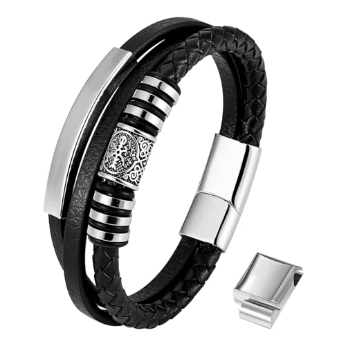 Flongo Wikinger Lederarmband Personalisiert für Herren: Nordisch Kompass Geflochten Leder Edelstahl Armband Armreif Verstellbar Manschettenarmband mit Gravur Geschenk für Männer Schwarz Silber von Flongo