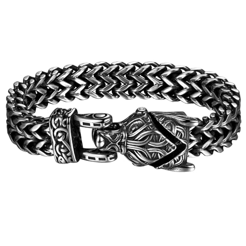 Flongo Wikinger Wolf Armband für Herren : Edelstahl Wolfkopf Gothic Punk Franco Armkette Norwegian Biker Große schwere Armreif Amulett Glücksbringer Halloween Weihnachten Neujahr Männer Geschenk von Flongo