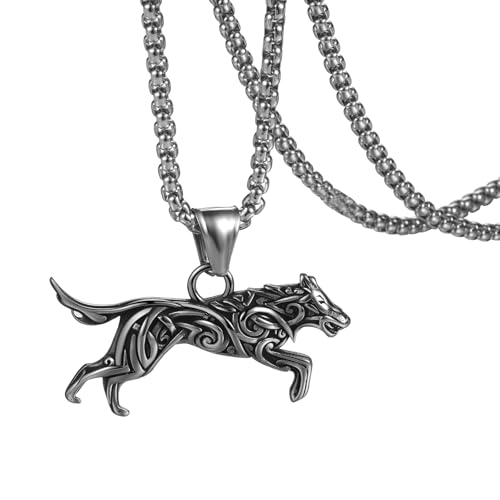 Flongo Wikinger Wolf Halskette für Herren: Edelstahl 3D Laufender Silber Wolf Anhänger Vintage Punk Nordische Kette Tierschmuck Stark Glück Amulett Geschenke Teenager Männer Väter Jugend von Flongo