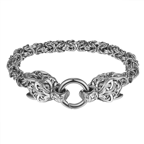 Flongo Wikinger Wolf Herren Armband: Wolfskopf Viking Armkette silber Byzantinisches Kettenamulett Edelstahl Herrenarmband Irisch Keltisch Vintage Gothic Norwegisch Königskette für Männer von Flongo