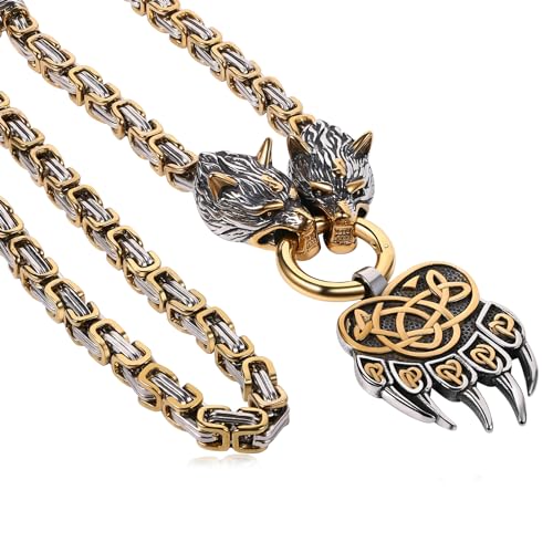 Flongo Wikinger Wolf Paw Kette: Wolfskopf Halskette Herren Silber Gold Edelstahl Damen massiv Königskette Amulett mit Viking Bear Paw Bärenklaue Anhänger Accessoires von Flongo