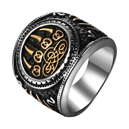Flongo Wikinger Wolf Ring für Herren: Wolfsklaue Silbergold Amulett Glücksbringer Schutz Vintage Punky Ring Nordischer Schmuck Edelstahl Guss Stereo Muster Ring Vater Sohn Liebhaber Männer Geschenk von Flongo