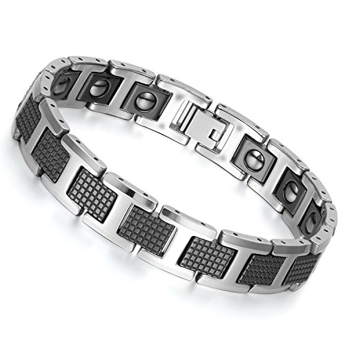 Flongo Paar Armband Magnetarmband 12mm Kohlenstoff-Faser Energie magnetischen Stein Edelstahl Armbänder für Paar Wolframcarbid Wolfram Armband Magnet Geschenk für Herren Damen schwarz Silber von Flongo