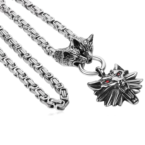 Flongo Wolfskopf Kette Wolf Medallion: Wikinger Halskette Silber Edelstahl Herren Damen massiv Königskette Amulett mit Wolf Anhänger Accessoires von Flongo