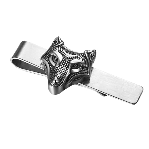 Flongo Wolfskopf Wikinger Krawattenklammer für Herren: Wolf Tiere Vintage Silber Krawattennadel skandinavischen Totem Piraten norwegischen Schmuck Edelstahl runden Guss Amulett Vatertag Mann von Flongo