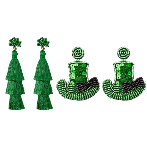 Flongo st patricks day Ohrringe: Accessoires irish ohrstecker grün Hut Kleeblatt shamrock Damen 2 Paar geschichtet Quaste Ohrhänger saint Kostüm Schmuck clover earrings für Herren Frauen von Flongo