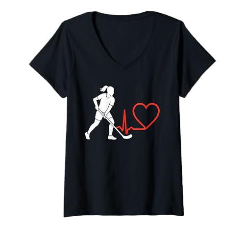 Damen Floorball Heartbeat Mädchen Frauen Spieler Trainer T-Shirt mit V-Ausschnitt von Floorball Heartbeat Pulse Line Girls Women Gift