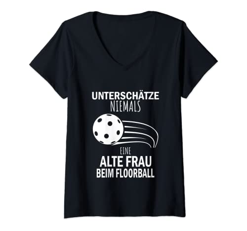 Damen Unterschätze Niemals einen Alte Frau beim Floorball T-Shirt mit V-Ausschnitt Damen Unterschätze Niemals einen Alte Frau beim Floorball T-Shirt mit V-Ausschnitt von Floorball Shirt Ausrüstung Zubehör Unihockey