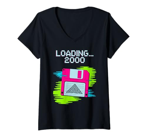 Damen Loading 2000 Diskette Retro Pixel Art Y2K Style T-Shirt mit V-Ausschnitt Damen Loading 2000 Diskette Retro Pixel Art Y2K Style T-Shirt mit V-Ausschnitt von Floppy Look Jahr 2000 Spruch Techno Ästhetik