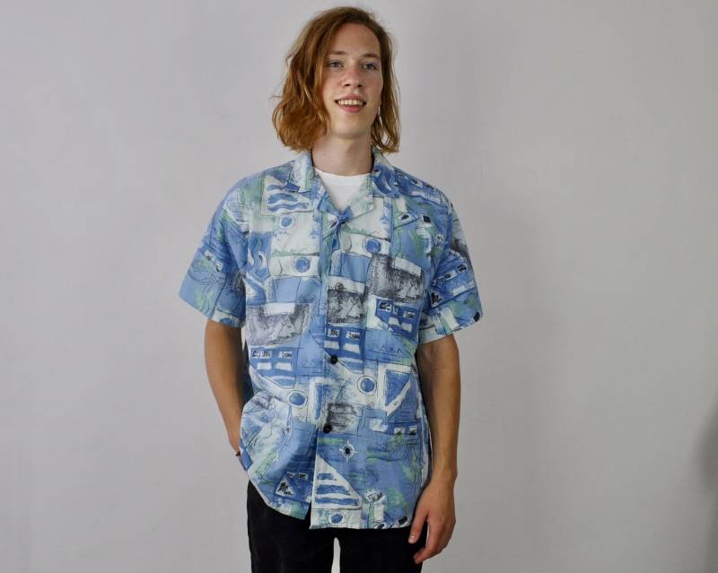 Vintage 1990 Hawaiian Herren M Button Up Kurzarm Freizeithemd Abstrakt Pastell Sommer Festival Muster Blau Grün Medium Retro Top L 9 von FloppyBobby