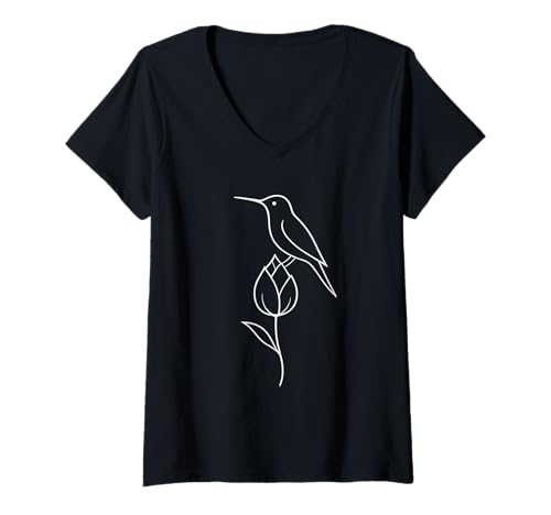 Damen Kolibri sitzend auf Blume Minimal Line Art Ästhetik T-Shirt mit V-Ausschnitt Damen Kolibri sitzend auf Blume Minimal Line Art Ästhetik T-Shirt mit V-Ausschnitt von FloraFlight