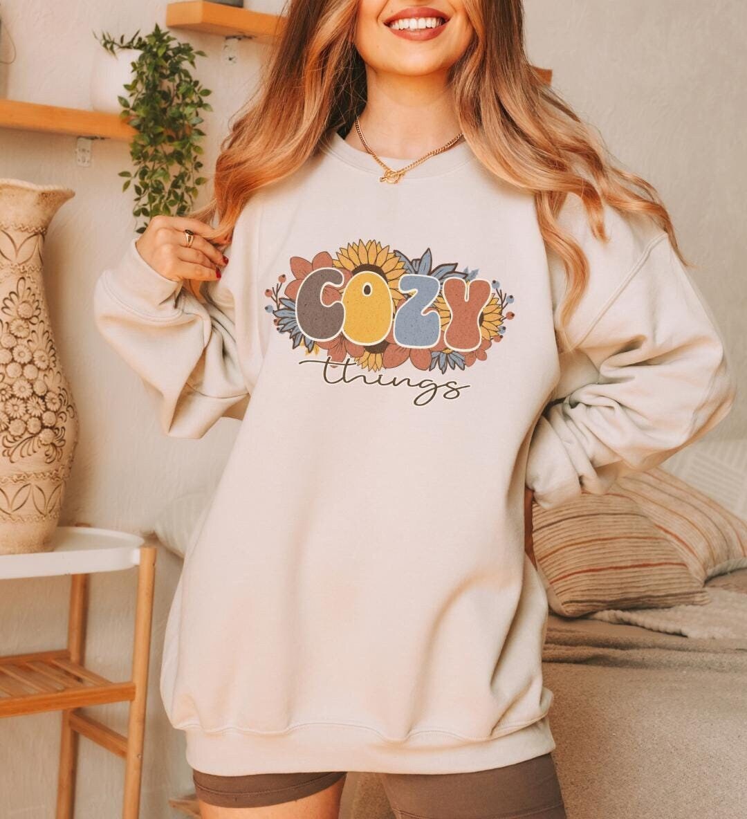Gemütliche Dinge Herbst Pullover, Retro Blumen Grafik Herbstliche Stimmung, Sonnenblume Thanksgiving Geschenk, Süsse Kleidung Buchige Themen von FloraHappiness