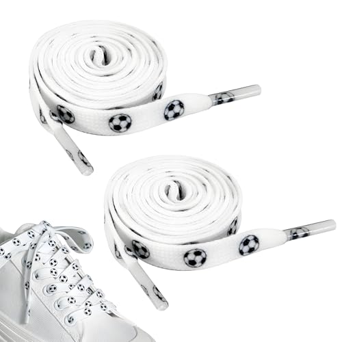 FloraMolly Elastische Schnürsenkel Kinder, 47 in 120cm Fußballmuster Weiße Schnürsenkel für Trainer Multi Use Fußballschuh Schnürsenkel für Flache Schuhe Laufschuhe Freizeitschuhe von FloraMolly