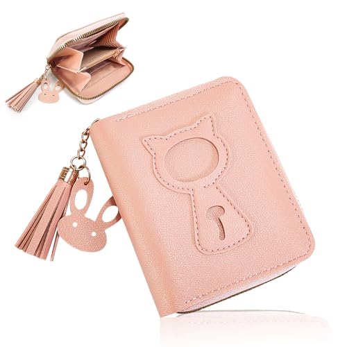 Kinder Portemonnaie Mädchen, Niedliche Katze Rosa Kleine Geldbörsen mit Reißverschluss Quaste Weiche Kunstleder Geldbörsen mit Münztasche von FloraMolly