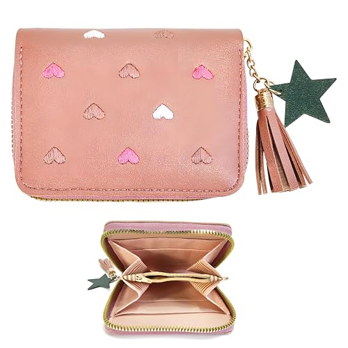 FloraMolly Kinder Portemonnaie Mädchen, Süßes Herz Dunkelrosa Kleine Geldbörsen mit Reißverschluss Quaste Weiche künstliche PU Geldbörsen mit Münztasche von FloraMolly