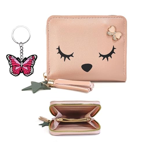 Kinder Portemonnaie Mädchen, Niedliche Schwarze Katze Gesicht Rosa kleine Geldbörsen mit Reißverschluss Quaste Weiche Kunstleder Geldbörsen mit Münztasche von FloraMolly