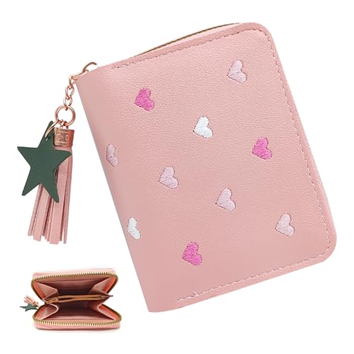 FloraMolly Kinder Portemonnaie Mädchen, süßes Herz rosa kleine Geldbörsen mit Reißverschluss Quaste Weiche künstliche PU Geldbörsen mit Münztasche von FloraMolly