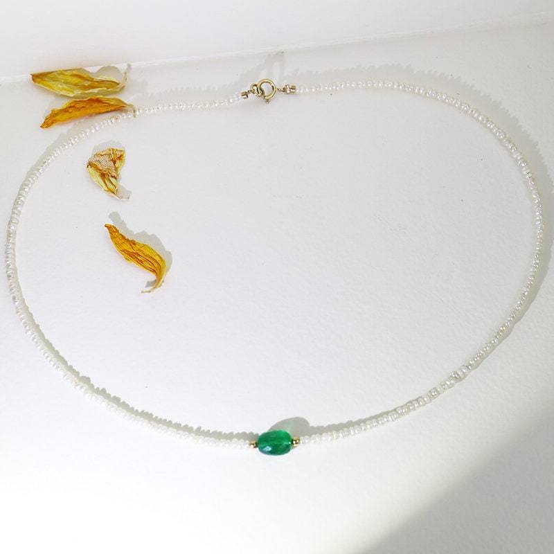 18K Goldperlenkette, Keshi Perle & Smaragdkette von FloraTung