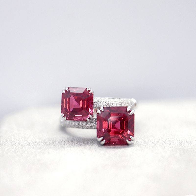 Asscher Turmalin Designer Schmuck 750 Weißgold Mit 5.882Ct Rubellit Diamanten von FloraTung