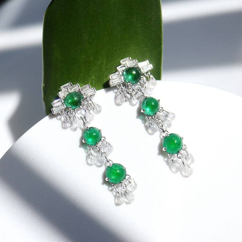 Designer Schmuck 18K Sambia Smaragd Quaste Ohrringe Cabochon Tropfen Weißer Diamant Saphir Zertifikat von FloraTung