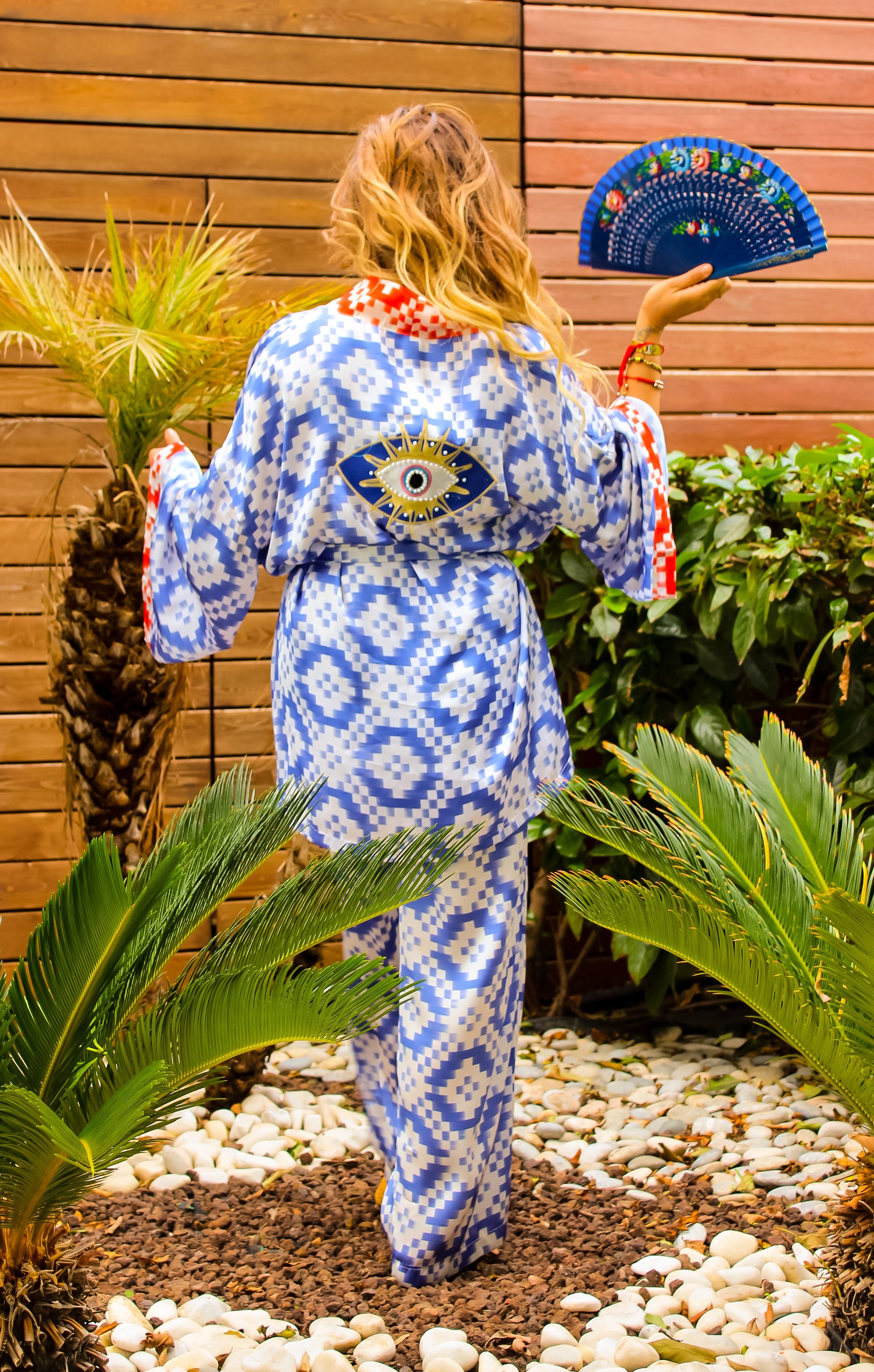 strand Sommer Seide Kimona Set Kleid, Korallen Bedrucktes Zweiteiliges Set, Wunderschönes Evil Eye Blue Seide Sommer Kimono Muttertagsgeschenk von FloradiPositano