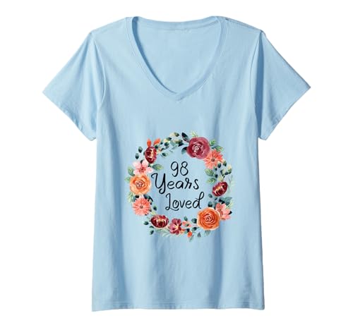 Damen 98 Years Loved 98th Birthday Floral Wreath Loved for Women T-Shirt mit V-Ausschnitt von Floral 98 Years old Loved Gifts for Mom Grandma