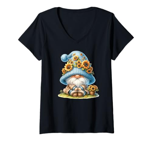 Damen Cute Flower Hippie Gnome Graphic For Women And Sunflower Mom T-Shirt mit V-Ausschnitt von Floral Autumn Gnome Gifts For Sunflower Lovers