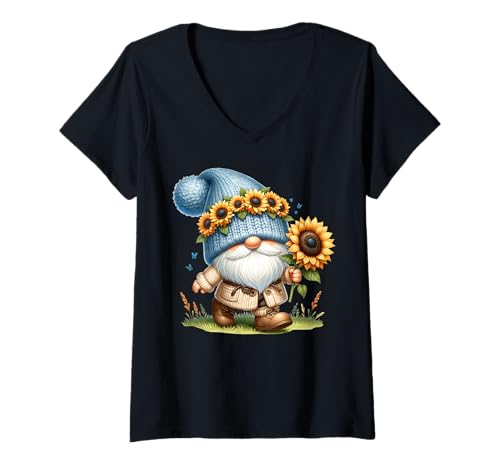 Damen Fall Themed GNOME In Blue Knitted Hat with Autumn Sunflower T-Shirt mit V-Ausschnitt Damen Fall Themed GNOME In Blue Knitted Hat with Autumn Sunflower T-Shirt mit V-Ausschnitt von Floral Autumn Gnome Gifts For Sunflower Lovers