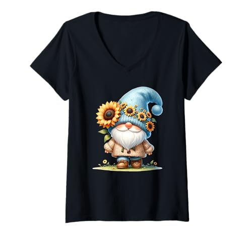 Damen Floral Sunflower GNOME Dad for Fall Mom and Garden Grandpa T-Shirt mit V-Ausschnitt von Floral Autumn Gnome Gifts For Sunflower Lovers