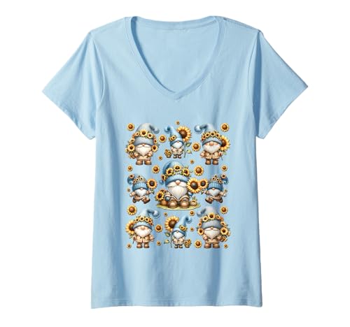 Damen Funny Retirement Gnome For Retired Mom And Sunflower Dad T-Shirt mit V-Ausschnitt von Floral Autumn Gnome Gifts For Sunflower Lovers
