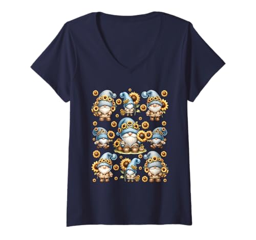 Damen Gardening Must Haves For Gnome Lovers Floral Sunflower T-Shirt mit V-Ausschnitt von Floral Autumn Gnome Gifts For Sunflower Lovers