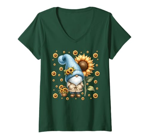 Damen Green Sunflower Accessories for Women Cute Flower GNOME T-Shirt mit V-Ausschnitt von Floral Autumn Gnome Gifts For Sunflower Lovers