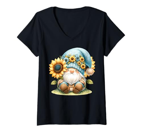 Damen Sunflower GNOME for Garden Mom and Hippie Dad Floral Flower T-Shirt mit V-Ausschnitt von Floral Autumn Gnome Gifts For Sunflower Lovers