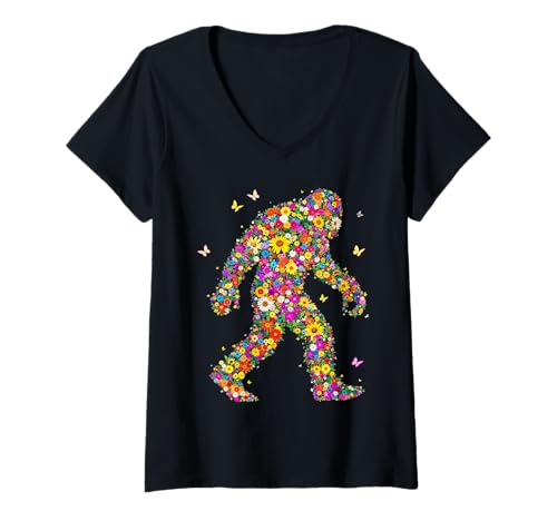 Damen Bigfoot mit Blumen - Retro Floral Sasquatch Believers T-Shirt mit V-Ausschnitt Damen Bigfoot mit Blumen - Retro Floral Sasquatch Believers T-Shirt mit V-Ausschnitt von Floral Bigfoot Art Co.