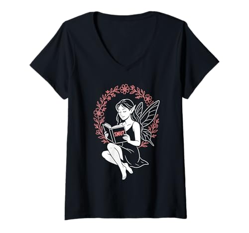Damen Fairycore Dark Romance Bücherwurm Fantasy T-Shirt mit V-Ausschnitt Damen Fairycore Dark Romance Bücherwurm Fantasy T-Shirt mit V-Ausschnitt von Floral Book Fairy Literature & Fantasy Reader