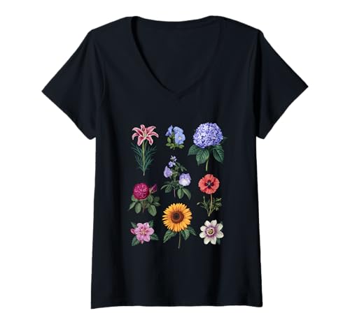 Damen Botanical Flower Collection Illustration Grid Nature Art T-Shirt mit V-Ausschnitt Damen Botanical Flower Collection Illustration Grid Nature Art T-Shirt mit V-Ausschnitt von Floral Botanical Illustration Nature Garden Print