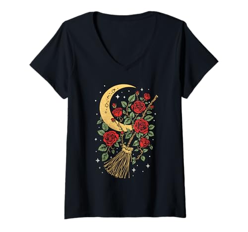 Damen Verzauberter Besenstiel Botanical Lunar Mystical Flight T-Shirt mit V-Ausschnitt Damen Verzauberter Besenstiel Botanical Lunar Mystical Flight T-Shirt mit V-Ausschnitt von Floral Broom Moon Red Roses Magic Witchcraft