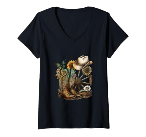 Damen Cowgirl-Stiefel-Stil, Land und Sonnenuntergang T-Shirt mit V-Ausschnitt Damen Cowgirl-Stiefel-Stil, Land und Sonnenuntergang T-Shirt mit V-Ausschnitt von Floral Cowgirl Boots Style