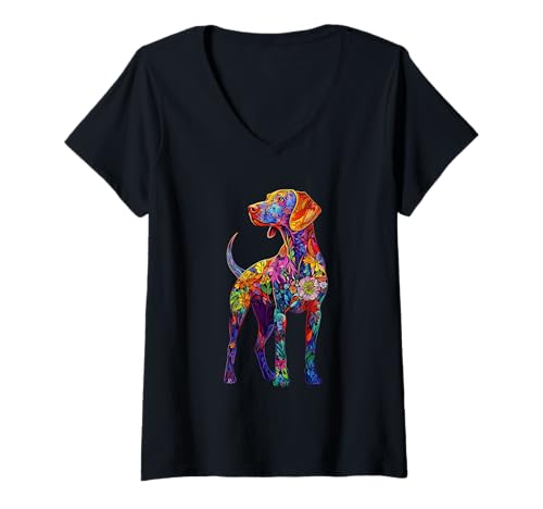 Damen Vizsla-Blume T-Shirt mit V-Ausschnitt Damen Vizsla-Blume T-Shirt mit V-Ausschnitt von Floral Dog Design