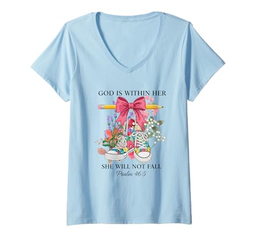 Damen God is Within She Will Not Fall Art T-Shirt mit V-Ausschnitt Damen God is Within She Will Not Fall Art T-Shirt mit V-Ausschnitt von Floral Empowerment Faithful Strength