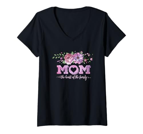 Damen Mama Das Herz der Familie Blumenkunst T-Shirt mit V-Ausschnitt Damen Mama Das Herz der Familie Blumenkunst T-Shirt mit V-Ausschnitt von Floral Family Mother Love Heart Mom